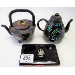 Two Japanese cloisonné miniature teapots; together with a silver inlaid needle purse (3)