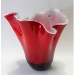 Large red & white clear encased glass handkerchief vase, height 32cm
