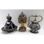 Three Moroccan pottery silver plate mounted wares inc. a tagine, teapot & incense burner