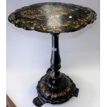 Victorian black lacquer papier mache pedestal occasional table, the oval piecrust edge top with