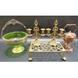 Metals to include a pair of brass twin branch candlesticks, brass trivet, copper spirit kettle and a