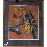 H.R. MOORE Two birds on a horse chestnut trunk Gouache Signed & dated 1983 45cm x 40cm