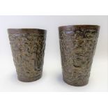 Pair of Indian enamel on copper embossed cups decorated with three figures, hounds & deer amongst