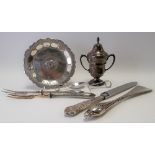 George V silver lidded twin handled miniature trophy, Birmingham 1933, height 13cm; together with an