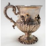 Good William IV silver baluster form pedestal cup embossed and applied with leaves and