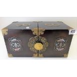 Japanese lacquer mother of pearl inlaid brass bound tabletop box, hinged down the middle to reveal