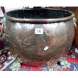 19th Century copper and brass coal bucket, of oval section with twin lion ring handles and four