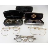 Pair of early 19th Century steel folding spectacles; together with four gold framed spectacles & 3