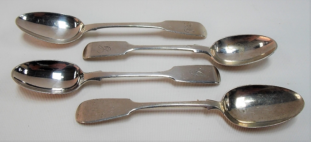 Three Victorian silver fiddle pattern teaspoons; together with a William IV silver teaspoon,