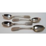 Three Victorian silver fiddle pattern teaspoons; together with a William IV silver teaspoon,