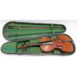Violin with 14in two piece back, two bows and a hard case.