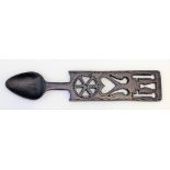 Good Welsh love spoon, carved & pierced to the rectangular section handle with a heart, lock, two