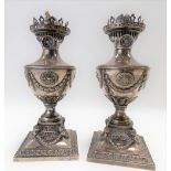 Pair of good Victorian silver plated Neoclassical-style urn oil lamps cast with harebells and rams