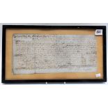 17th Century Indenture dated 1675 ink written in Latin and signed H Chauncy, 16cm x 36cm, framed.