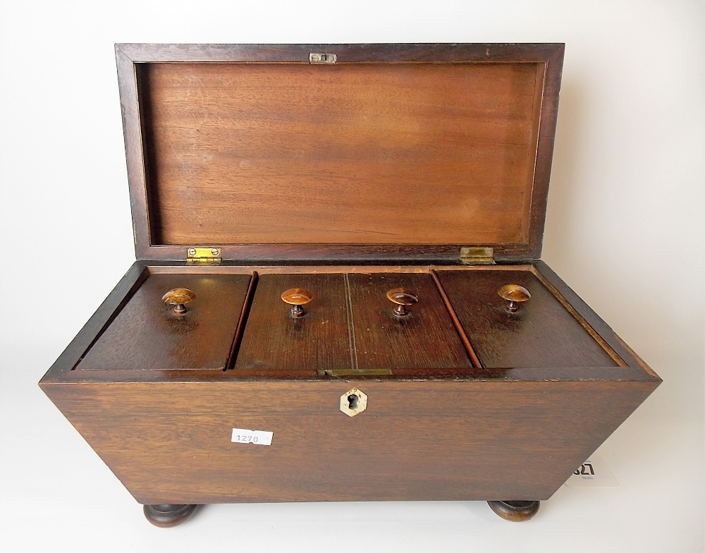 19th Century mahogany tea caddy of sarcophagus form, the hinge-lid revealing three compartments with - Image 2 of 2