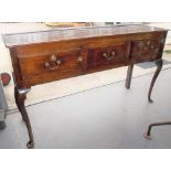 18th Century oak low dresser with three frieze drawers & on cabriole fore legs with pad feet