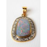 Modern 18k gold diamond & opal pendant, the opal with pink, orange, green & blue colours, the