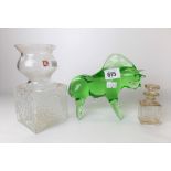 Murano green glass blown bull model, height 13cm; together with a Dartington moulded glass vase &