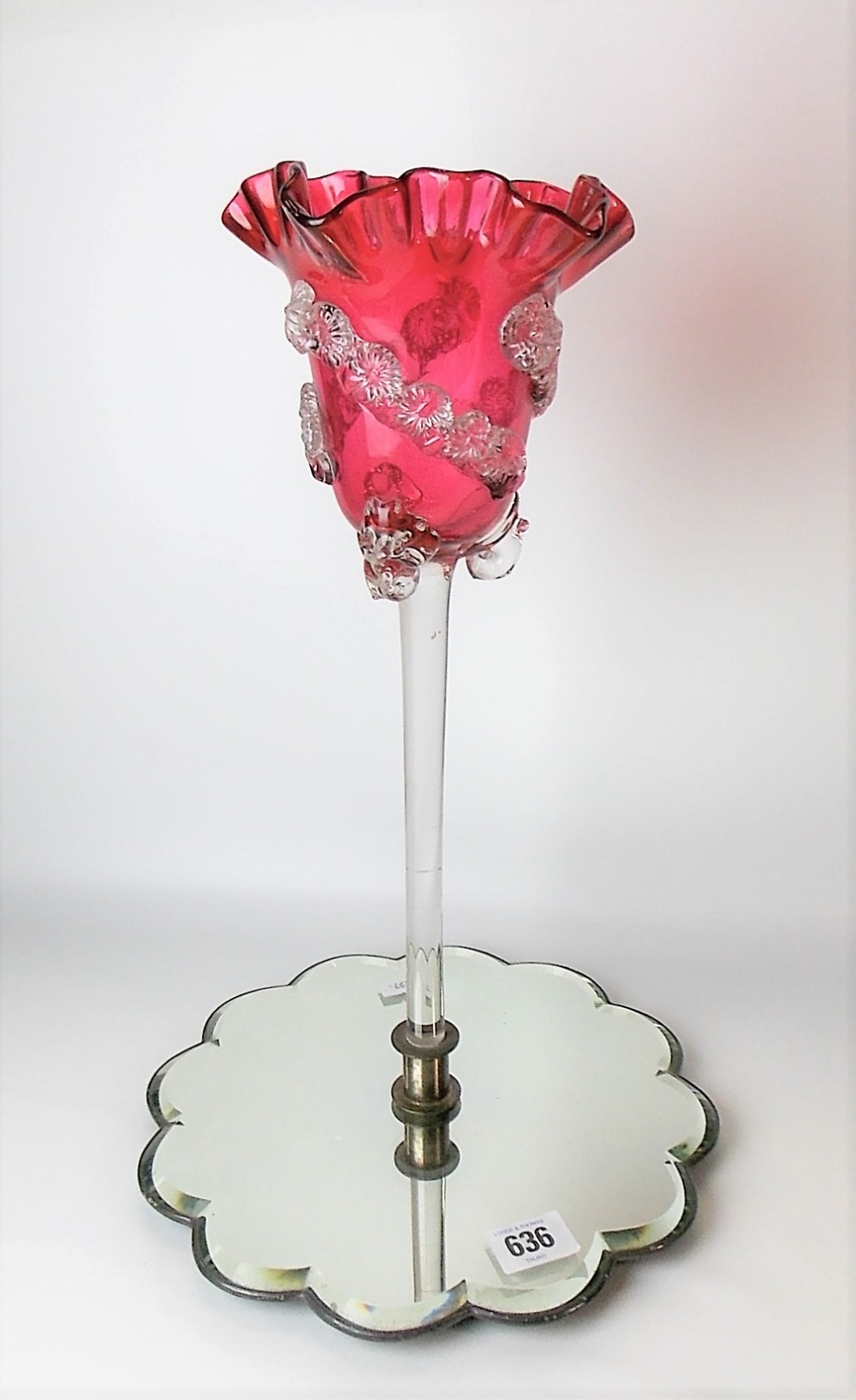 Early 20th Century cranberry glass centrepiece with frilled rim & on long slender stem & on a