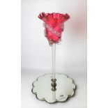 Early 20th Century cranberry glass centrepiece with frilled rim & on long slender stem & on a