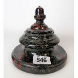 Cornish red veined turned serpentine inkstand with acorn lid finial (AF) and glass liner, diameter