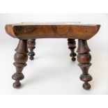 Victorian burr walnut miniature stool with four turned feet, width 13cm