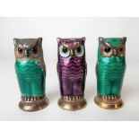 Three silver gilt and guilloche enamel owl modelled pepperettes by David Andersen, Norway (enamel