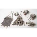 Silver mesh coin purse; together with a silver and enamel hallmarked fob pendant, three Eastern