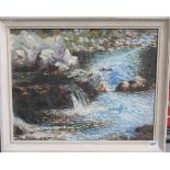 FERGUS O'RYAN 'The Salmon Pool, Clady River, Co. Donegal'. Oil on board. Signed and inscribed in