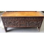 18th Century oak small coffer, the front panel carved & with WR monogram & dated 1751, width 95cm