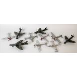 Dinky Toys diecast collection of aeroplanes, including four Hawker Hunter no. 736, two Tempest II