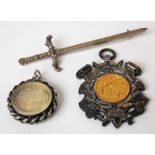 Edwardian silver and yellow metal applied shield fob by Vaughton, Birmingham 1902 and embossed