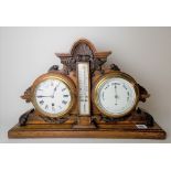 Victorian aneroid barometer thermometer & timepiece within carved oak case, height 33.5cm