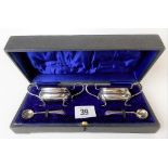George VI silver pair of cased twin handled salts and spoons, maker P&S Ltd, Birmingham 1939, weight