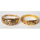 18ct hallmarked gold ruby and seed pearl set engraved band ring; together with a 9ct gold seed pearl