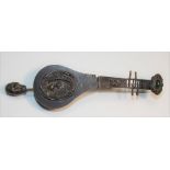 Unusual Chinese bronze lock in the form of a pipa, with mask key & cast with coiled phoenix & with