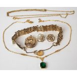 Various 9ct gold, including a gate link bracelet (AF), pendant locket (AF), a pair of earrings, a