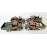 Four W. Britain diecast staff vehicles with eight figures