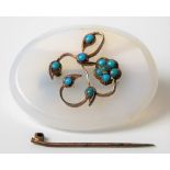 Victorian oval Chalcedony oval rose gold and turquoise mounted floral brooch, 35mm x 27mm.