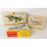 Three Dinky Toys diecast aeroplane models, Hawker Harrier, no. 722, Boeing 737, no. 717 & Beechcraft