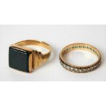 9ct gold blood stone set signet ring; together with a 9ct gold stone set eternity ring, weight 7.