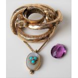 Victorian hollow tubular foliate engraved gold brooch with Chalcedony and turquoise drop, with