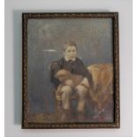 Early 20th Century watercolour portrait miniature of a seated boy with his dog, monogrammed GR &
