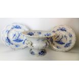 Blue and white transfer printed granite china 'Oriental Bears' by Ridgeway, twin handled pedestal