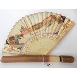 Rare late 18th Century carved ivory and watercolour painted fan, painted with a scene of The