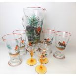20th Century clear glass lemonade set, painted with horse and hounds hunting scenes, comprising