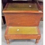 19th Century mahogany step commode with green leather gilt tooled hinge lid & step, upon turned