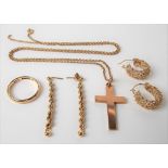 9ct gold jewellery including a cross pedant necklace, pair of hoop earrings, pair of rope twist drop