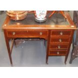 Edwardian inlaid pedestal desk with writing inset & an arrangement of five drawers & on square