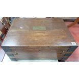 Victorian oak iron bound box, the hinged lid with brass engraved label inscribed 'THE RT HON BLE